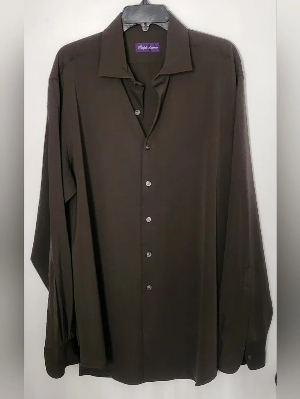 Ralph Lauren Purple Label Wool Shirt Dark Greenish Brown Made In Italy Size XL